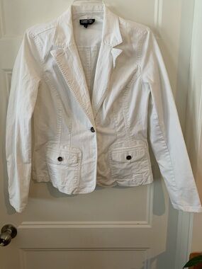 Contrast jeans , White Women's Single-Button jean  Blazer Jacket